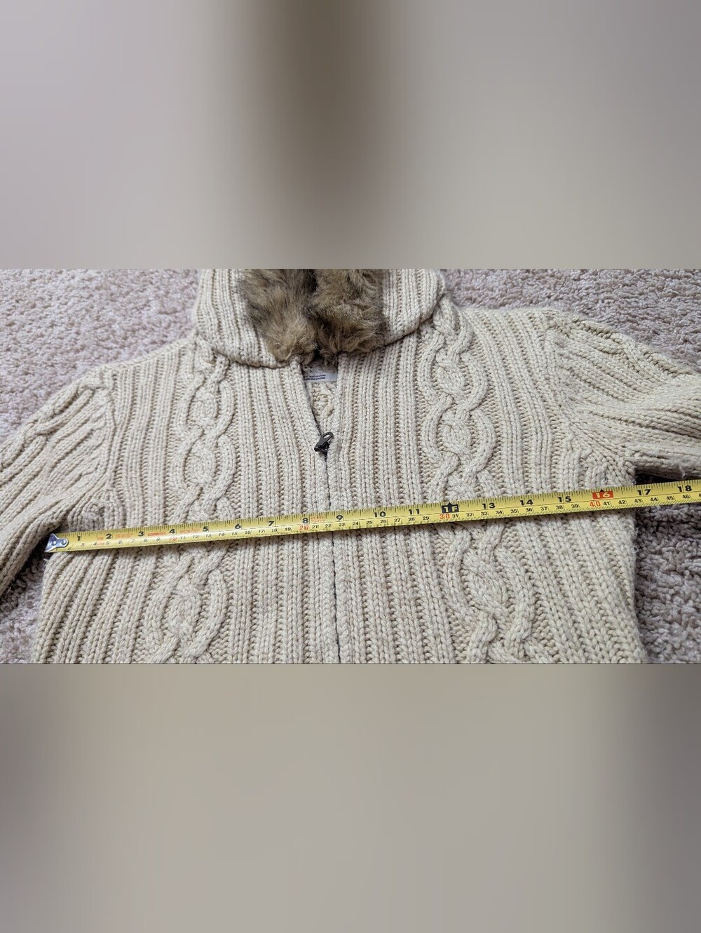 Vintage Y2K Aeropostale Cable Knit Fur Trim Hooded Zip Up Sweater Medium Cream - Picture 6 of 11